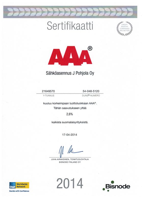 Sertifikaatti AAA, Sähköasennus J Pohjola Oy, Bisnode, 2014.